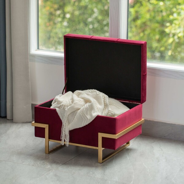 Velvet Storage Ottoman Stool Box With Abstract Golden Legs - Decorative Sitting Bench, Red Small